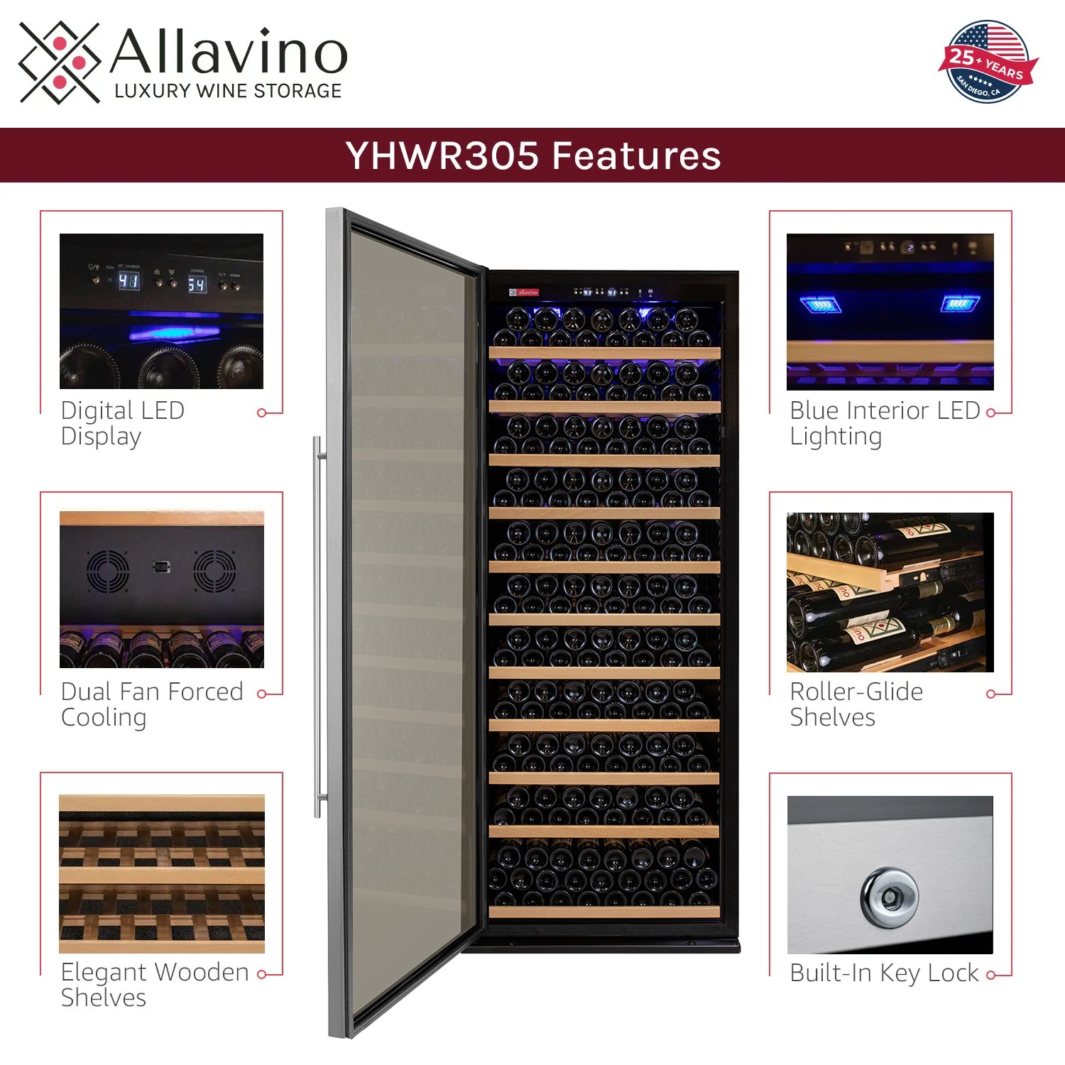 Allavino 32" Wide Vite II Tru-Vino 277 Bottle Single Zone Stainless Steel Left Hinge Wine Refrigerator AO YHWR305-1SL20