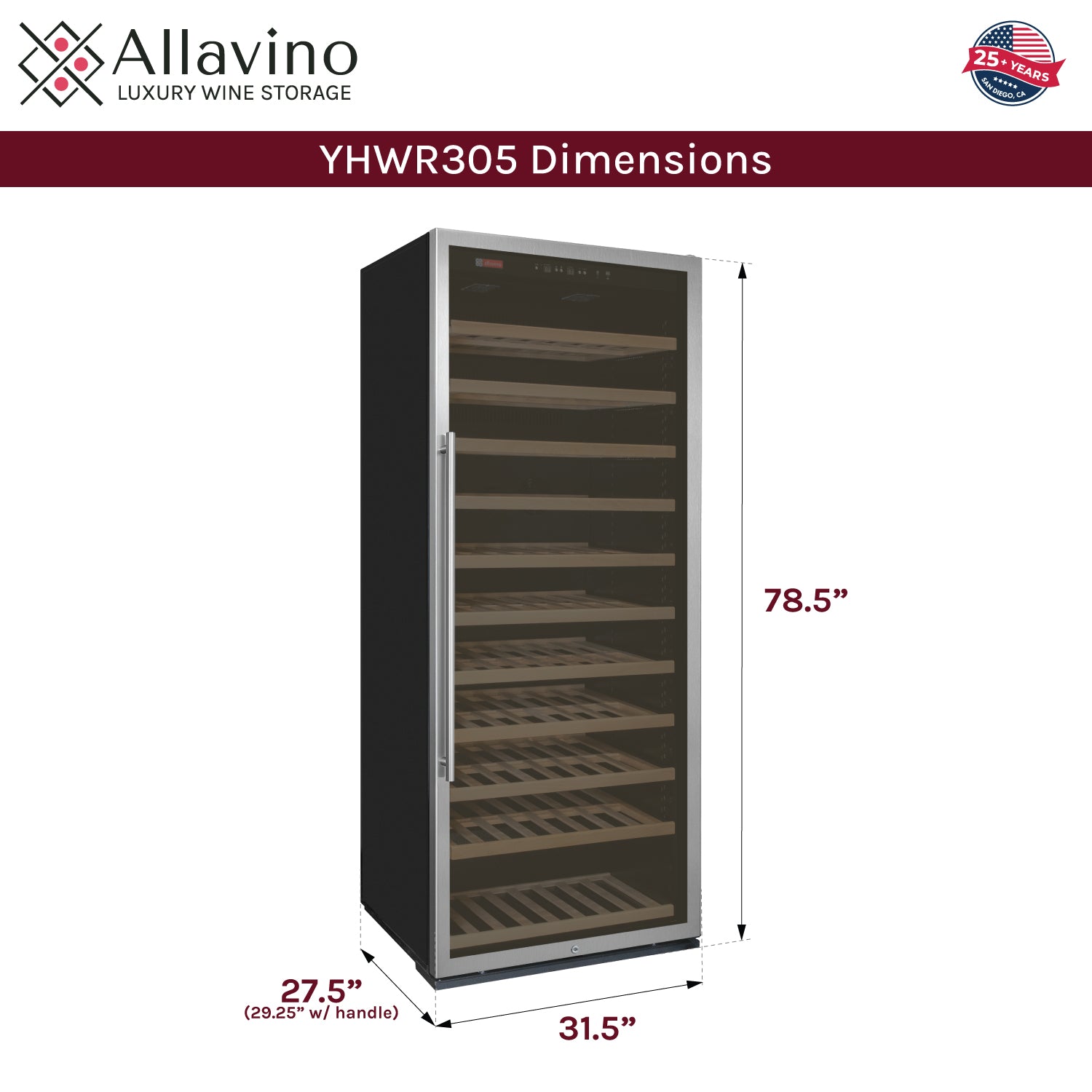 Allavino 32" Wide Vite II Tru-Vino 277 Bottle Single Zone Stainless Steel Right Hinge Wine Refrigerator AO YHWR305-1SR20
