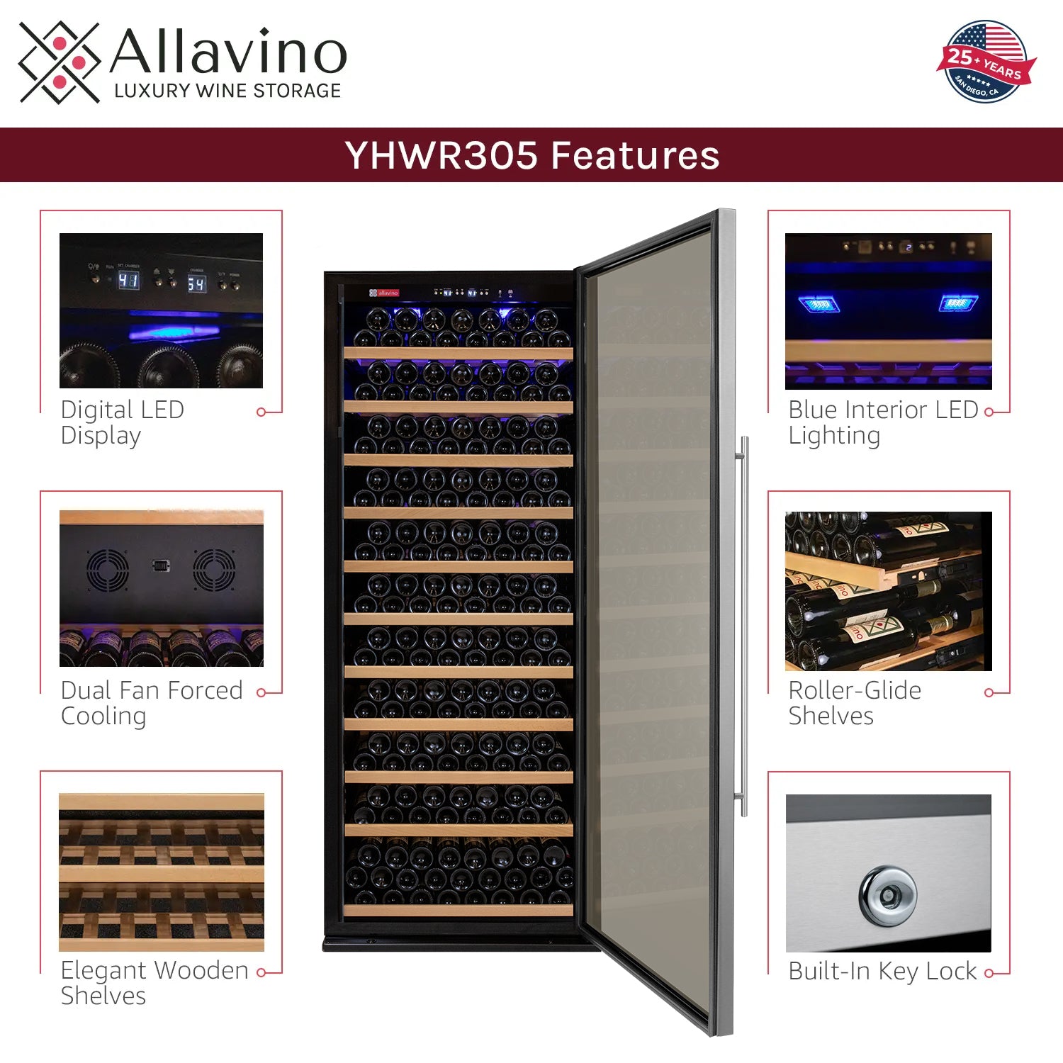 Allavino 32" Wide Vite II Tru-Vino 277 Bottle Single Zone Stainless Steel Right Hinge Wine Refrigerator AO YHWR305-1SR20