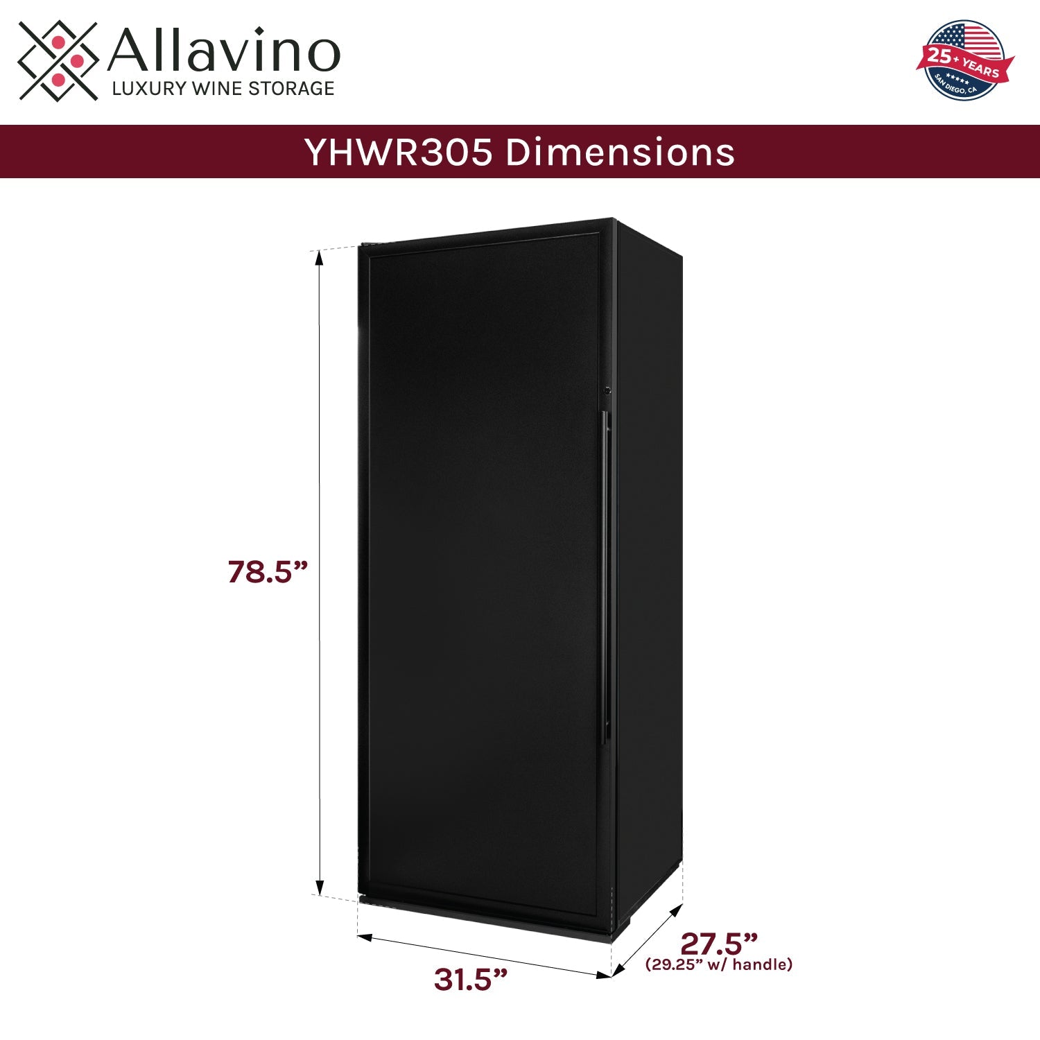Allavino 32" Wide Vite II Tru-Vino 305 Bottle Single Zone Solid Black Left Hinge Door Wine Refrigerator AO YHWR305-SDL