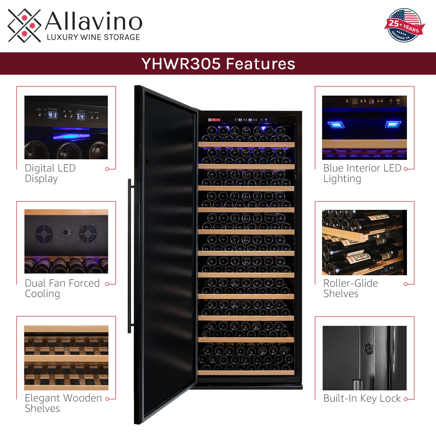 Allavino 32" Wide Vite II Tru-Vino 305 Bottle Single Zone Solid Black Left Hinge Door Wine Refrigerator AO YHWR305-SDL