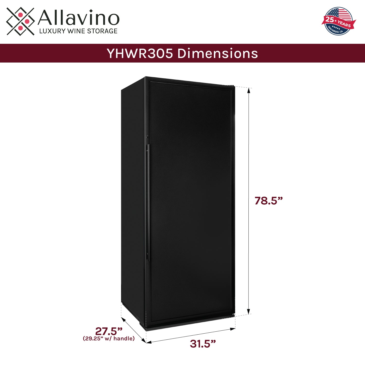 Allavino 32" Wide Vite II Tru-Vino 305 Bottle Single Zone Solid Black Right Hinge Door Wine Refrigerator AO YHWR305-SDR