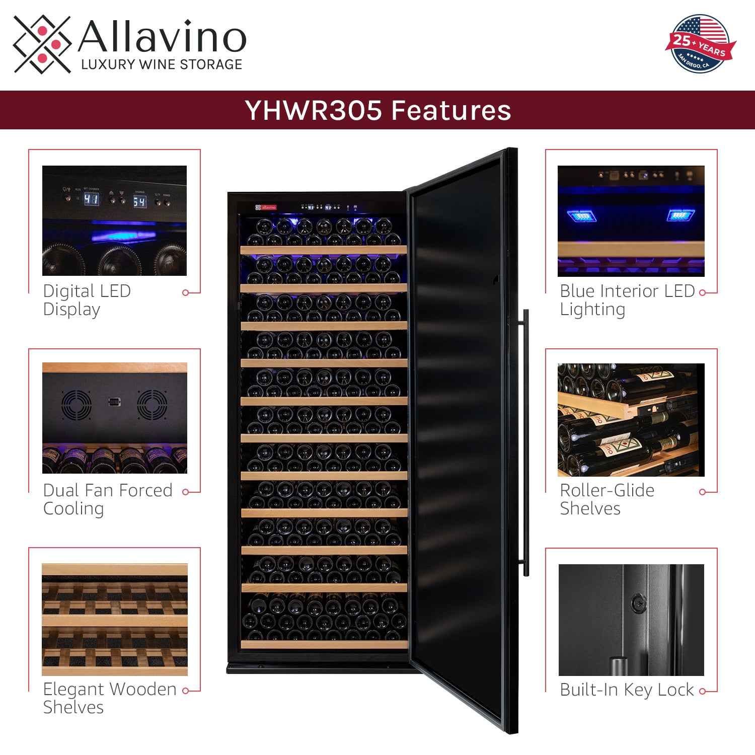 Allavino 63" Wide Vite II Tru-Vino 610 Bottle Dual Zone Solid Black Door Side-by-Side Wine Refrigerator BF 2X-YHWR305-SD