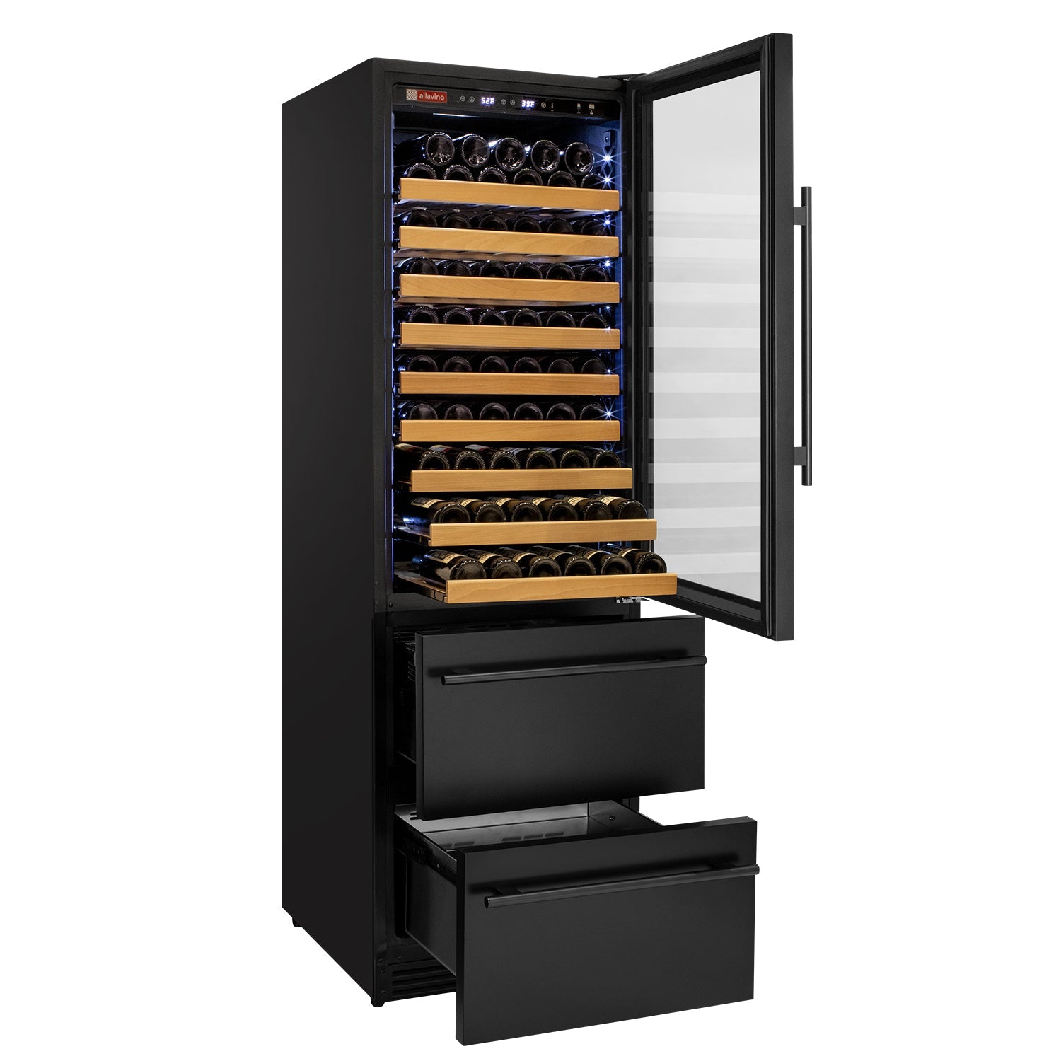 Allavino 76.5" Tall Black Wine Refrigerator with Two Refrigerated Drawers AO YHWR7724D-B