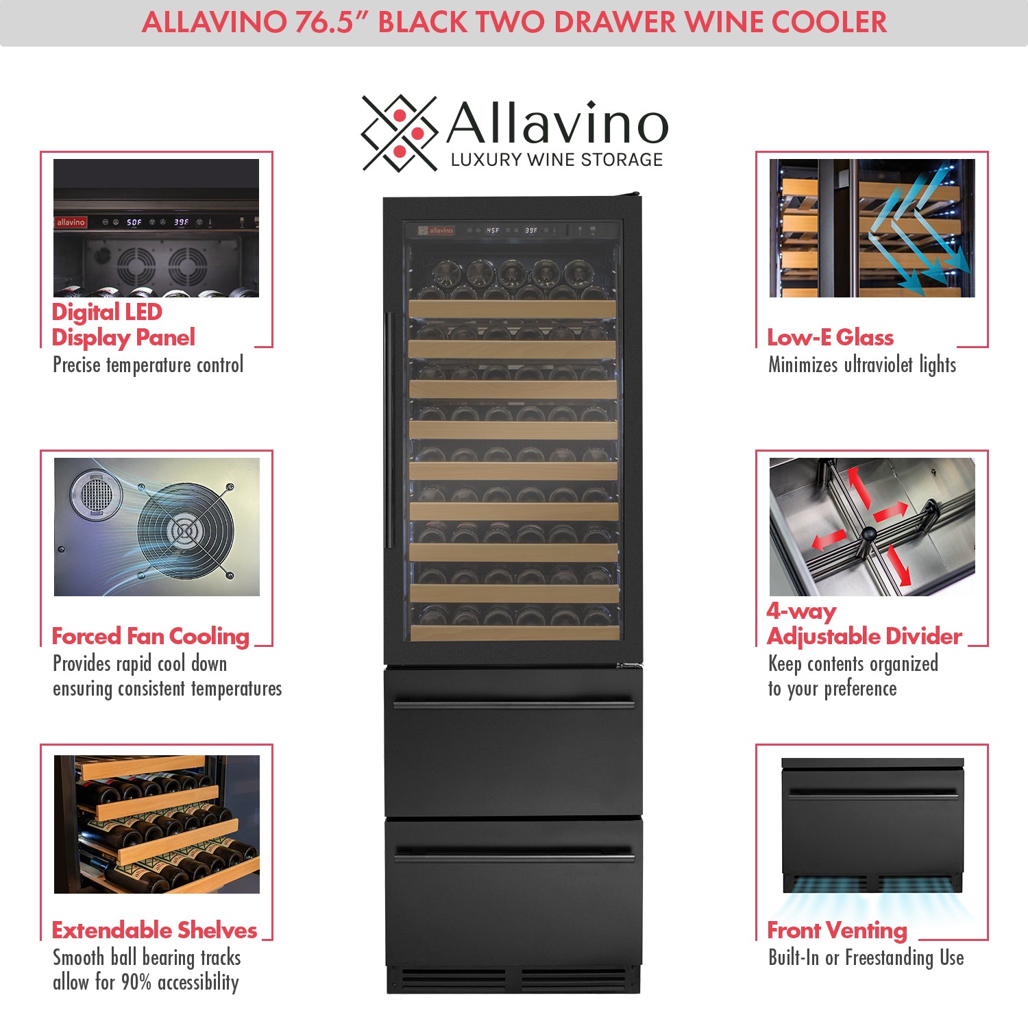 Allavino 76.5" Tall Black Wine Refrigerator with Two Refrigerated Drawers AO YHWR7724D-B