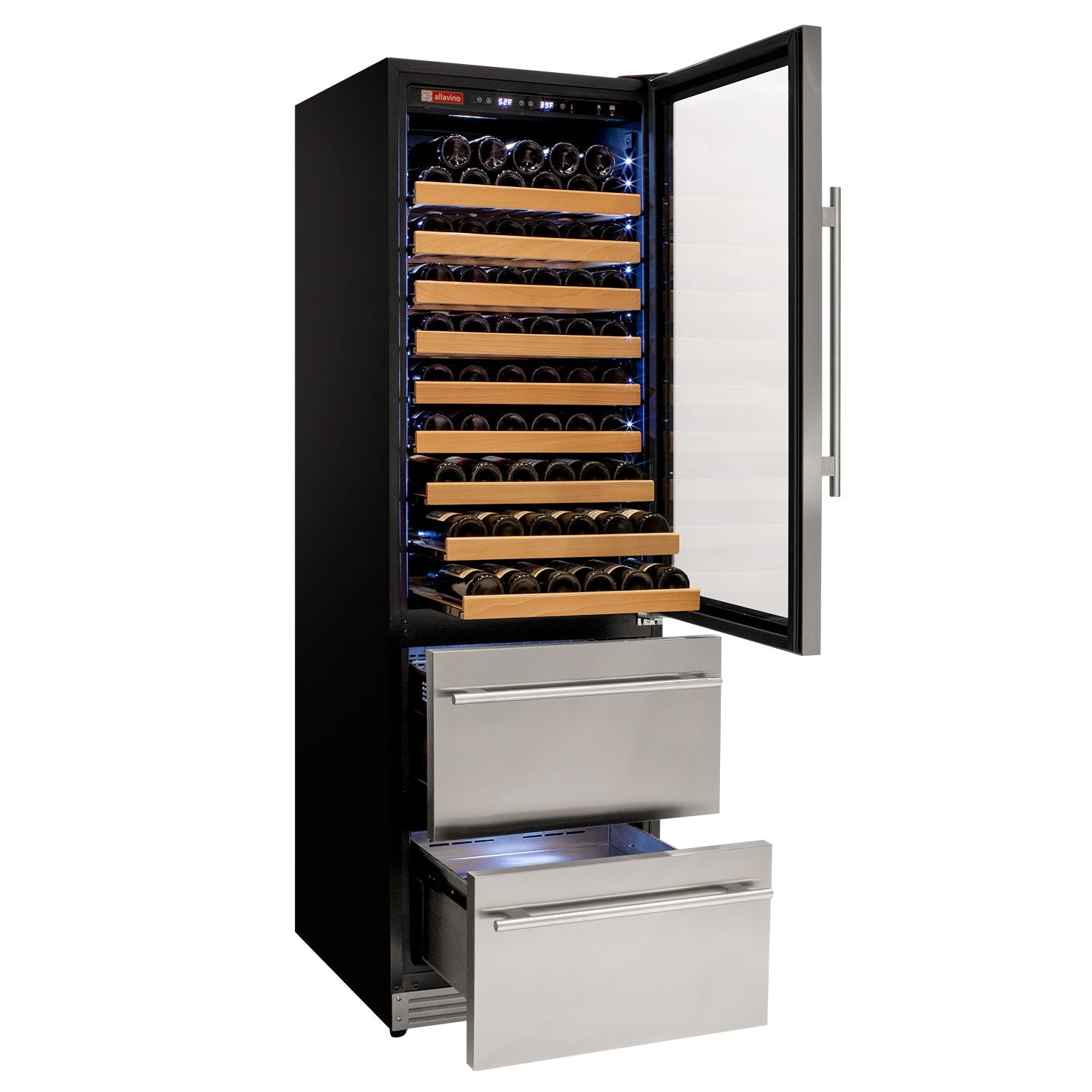 Allavino 76.5" Tall Stainless Steel Wine Refrigerator with Two Refrigerated Drawers  AO YHWR7724D-S