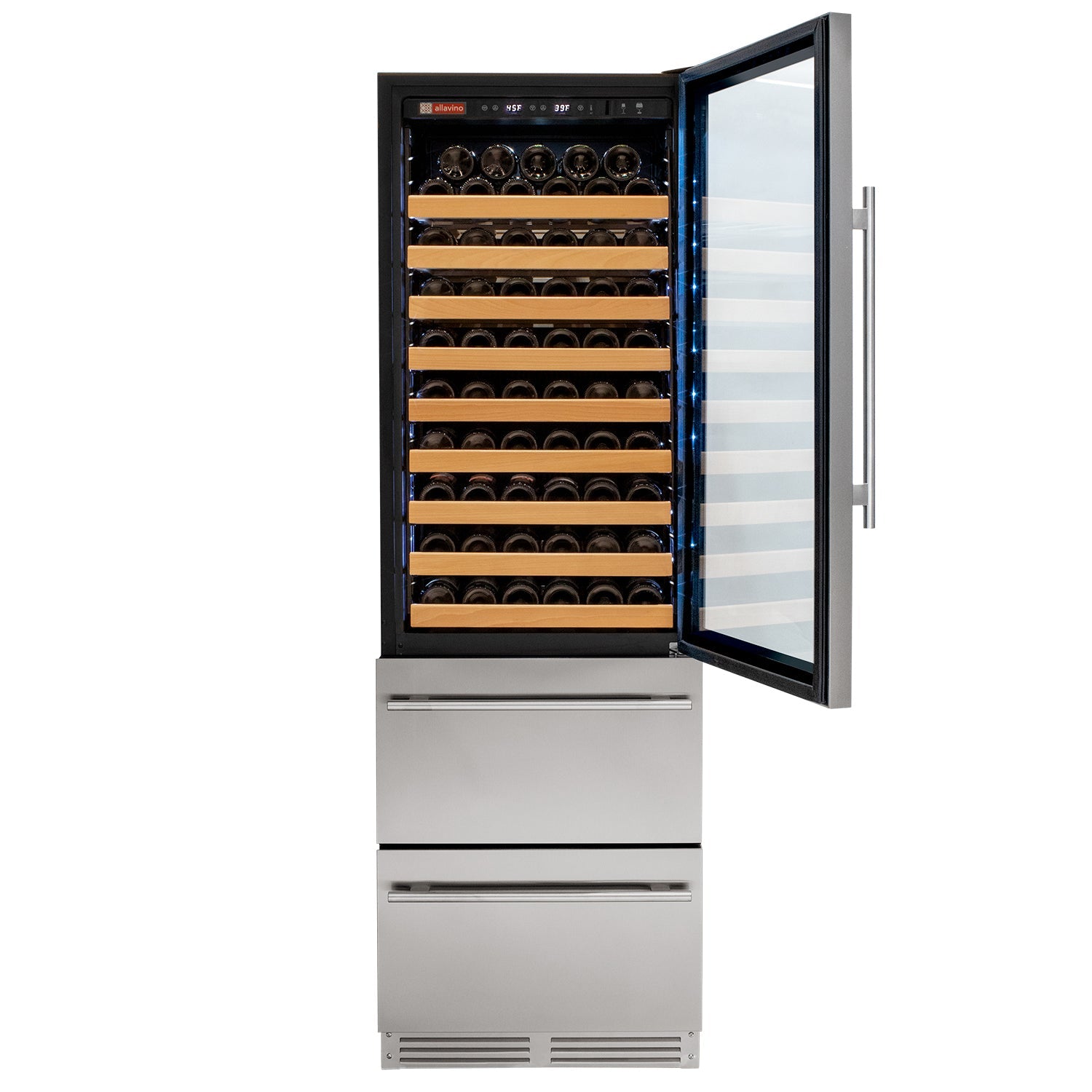 Allavino 76.5" Tall Stainless Steel Wine Refrigerator with Two Refrigerated Drawers  AO YHWR7724D-S
