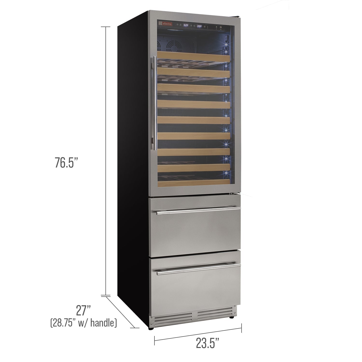 Allavino 76.5" Tall Stainless Steel Wine Refrigerator with Two Refrigerated Drawers  AO YHWR7724D-S