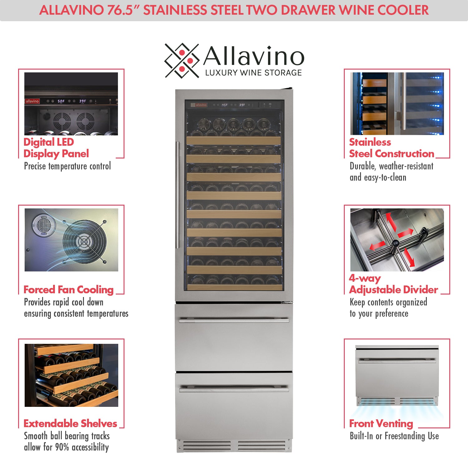 Allavino 76.5" Tall Stainless Steel Wine Refrigerator with Two Refrigerated Drawers  AO YHWR7724D-S