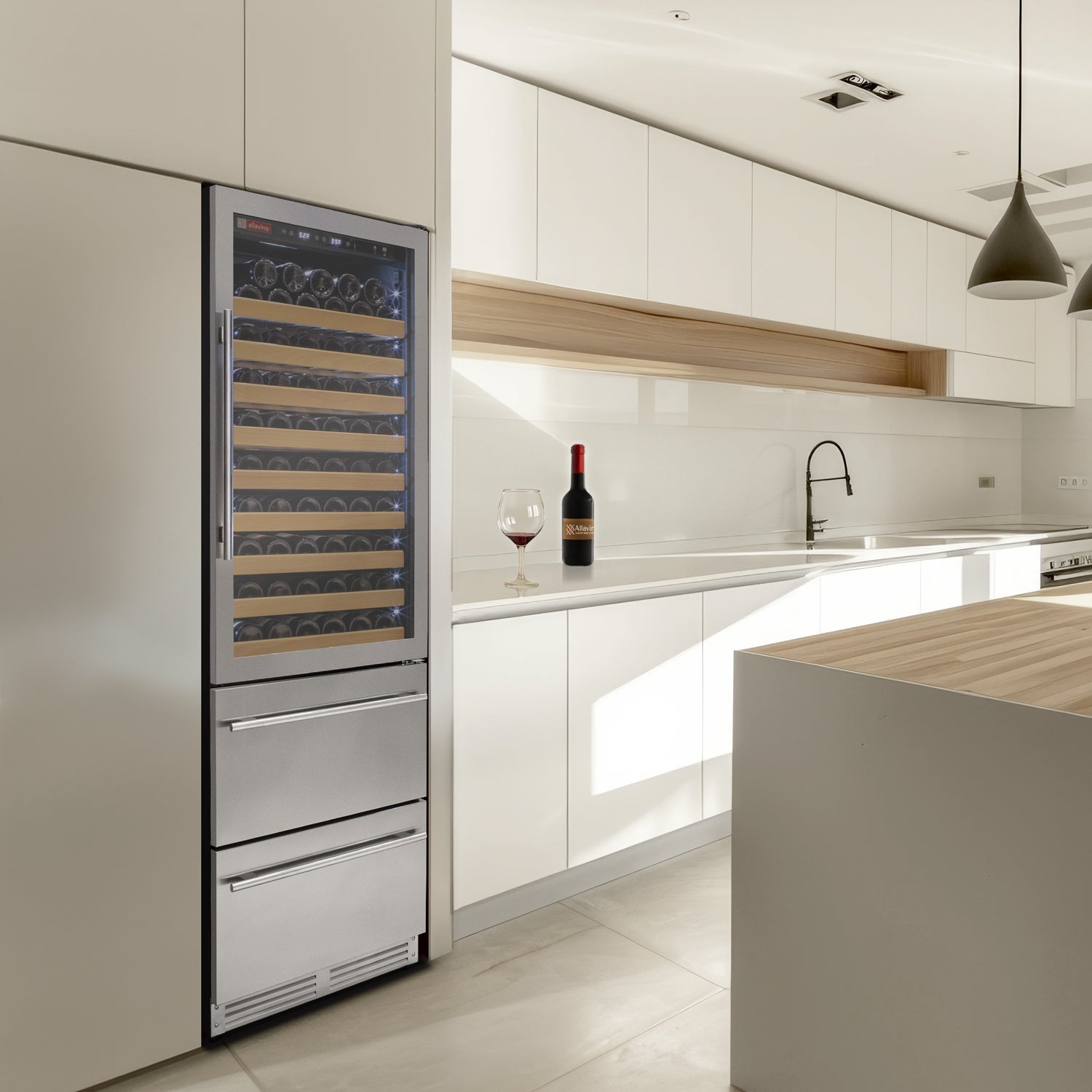 Allavino 76.5" Tall Stainless Steel Wine Refrigerator with Two Refrigerated Drawers  AO YHWR7724D-S