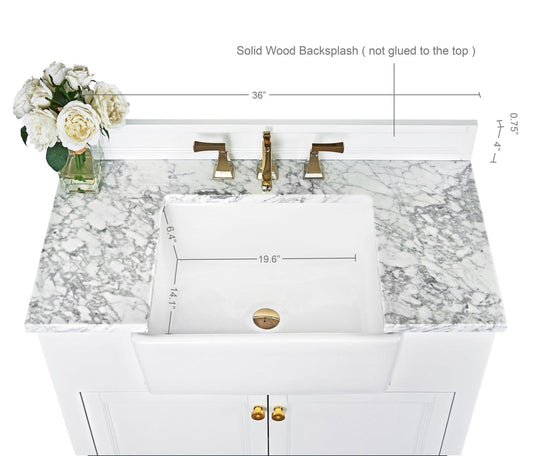 Ancerre Designs Adeline Bathroom Vanity With Farmhouse Sink And Carrara White Marble Top Cabinet Set
