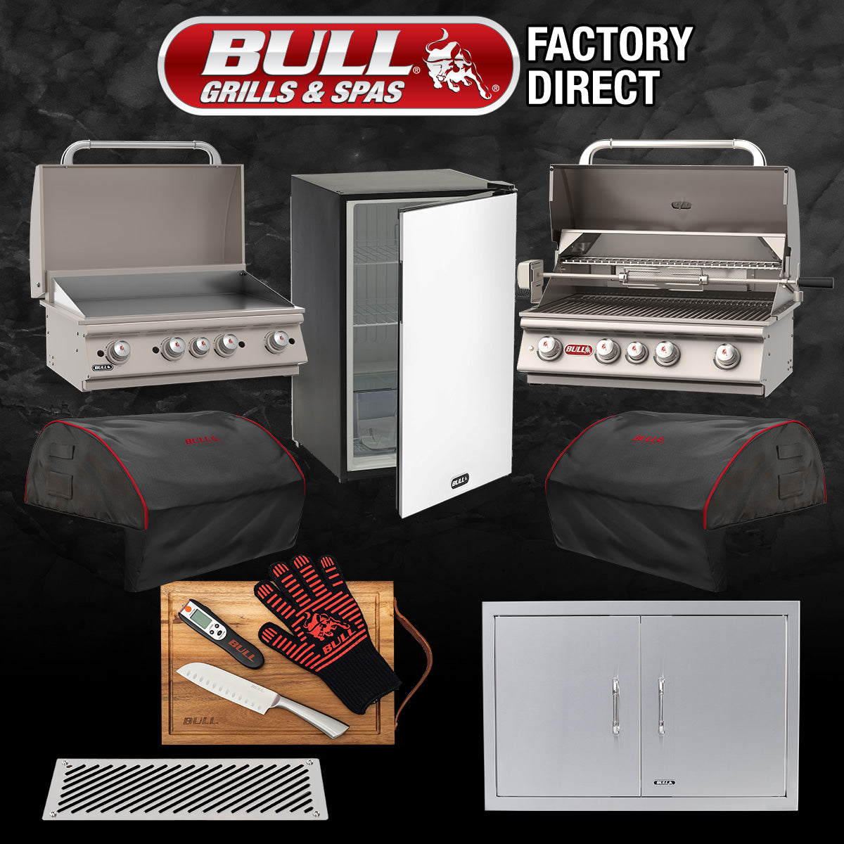Bull 8-Piece Angus Grill Head, Grill Cover, Refrigerator, Double Door, Commercial Griddle, Griddle Cover, Vents, Master Utility Set - ANGPCG