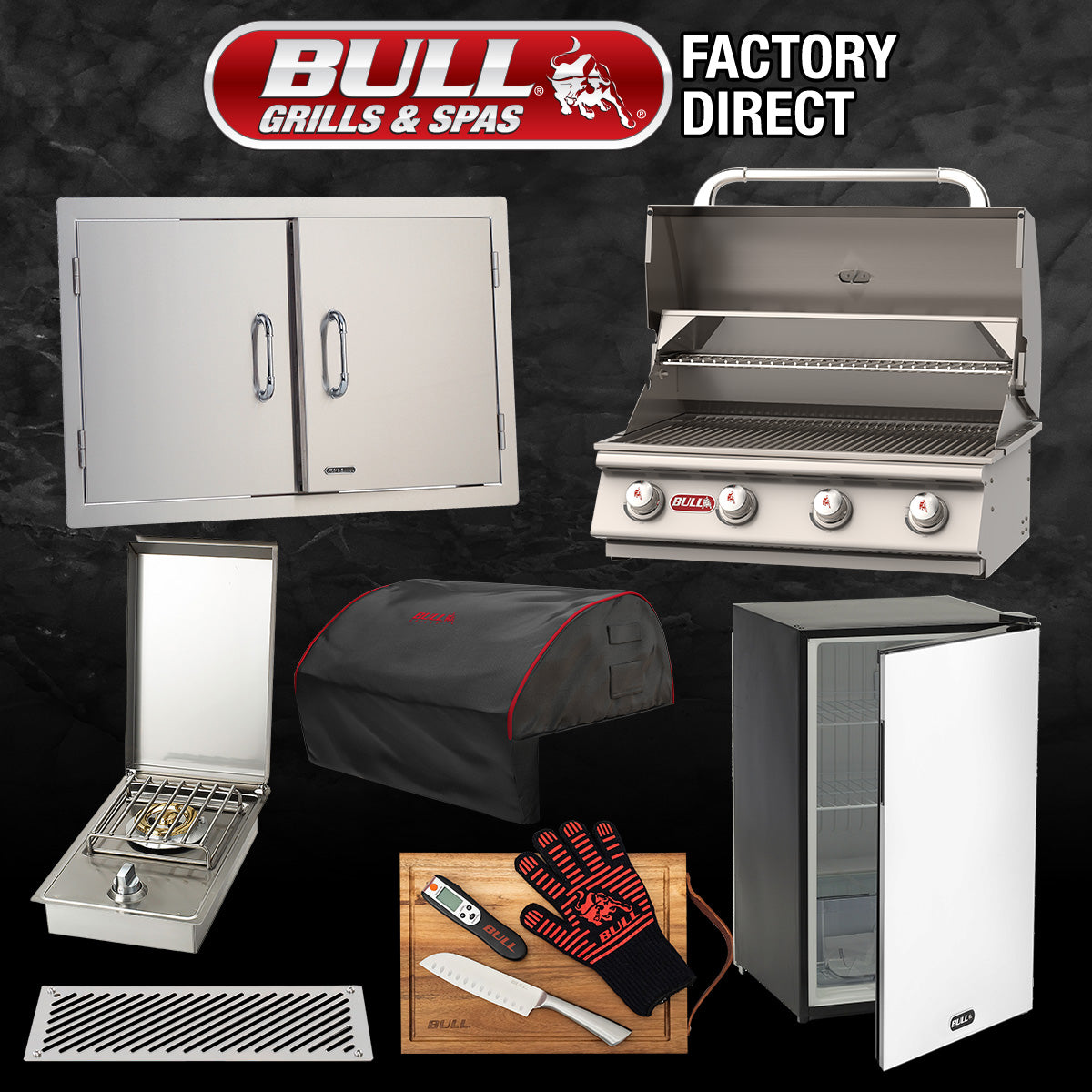 Bull 7-Piece Outlaw Grill Head, Grill Cover, Refrigerator, Double Door, Side Burner, Vents, Master Utility Set - OUTPDD1