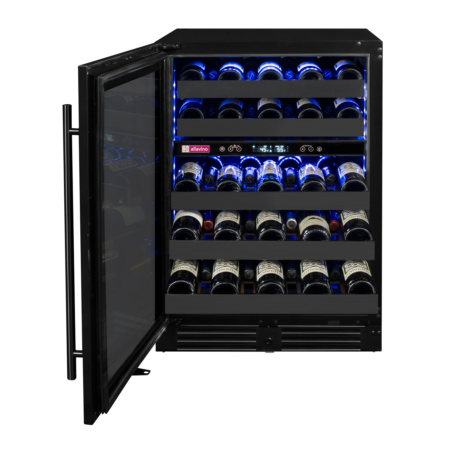 Allavino Reserva Series 50 Bottle 34" Tall Dual Zone Left Hinge Black Stainless Steel Wine Cooler Refrigerator BF BDW5034D-2BSL