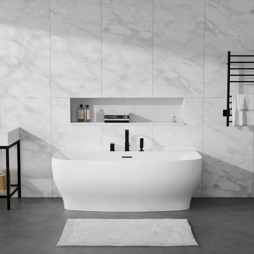 ANZZI Bank Series 65 in. x 31 in. Flat Bottom Acrylic Freestanding Soaking Bathtub with Center Drain and Faucet FT-AZ112