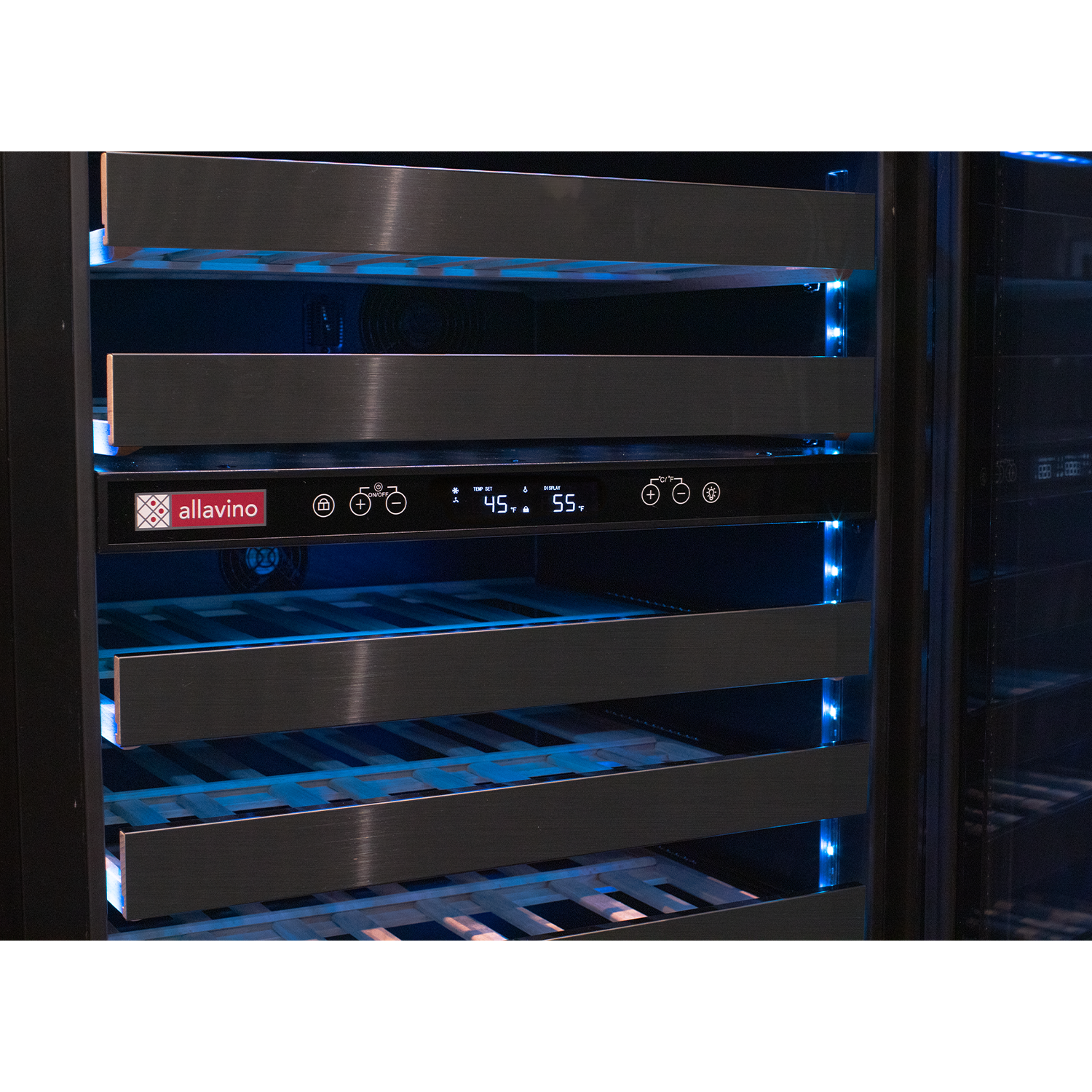 Allavino Reserva Series 100 Bottle 34" Tall Four Zone Black Stainless Steel Side-by-Side Wine Cooler Refrigerator  BF 2X-BDW5034D-2BS