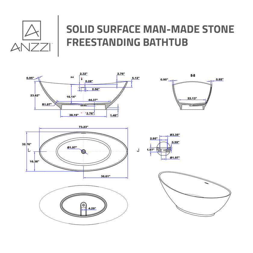Anzzi Ala Series 74 in. x 34 in. Flat Bottom Solid Surface Freestanding Soaking Bathtub FT-AZ508