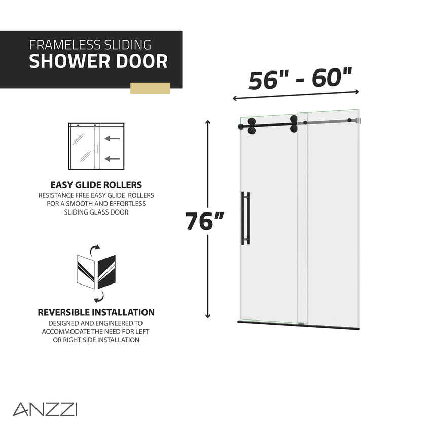 ANZZI 60" x 76" Frameless Sliding Shower Door SD-FRLS06102MB