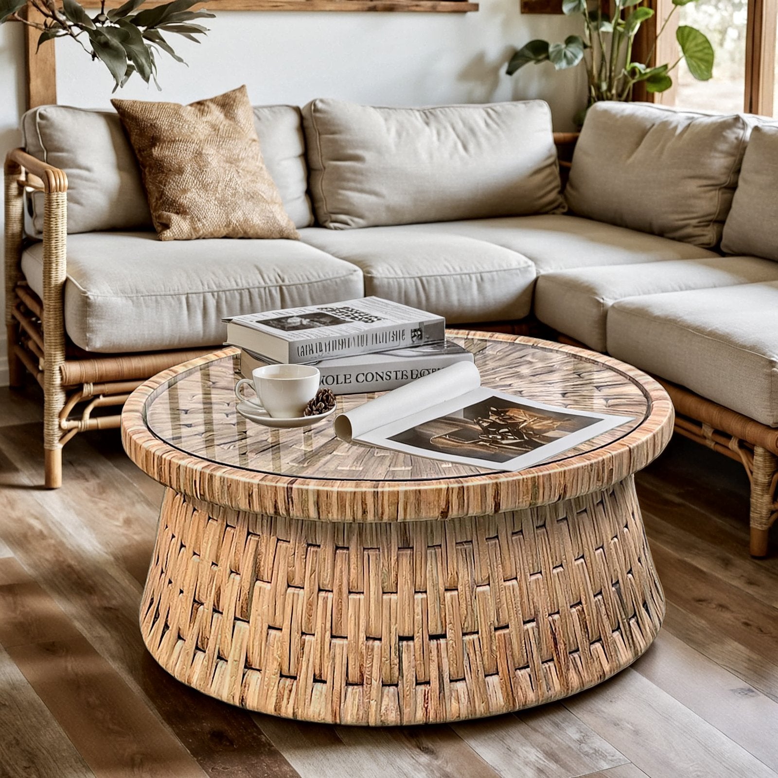 Padmas Drum Coffee Table With Glass DRM05﻿
