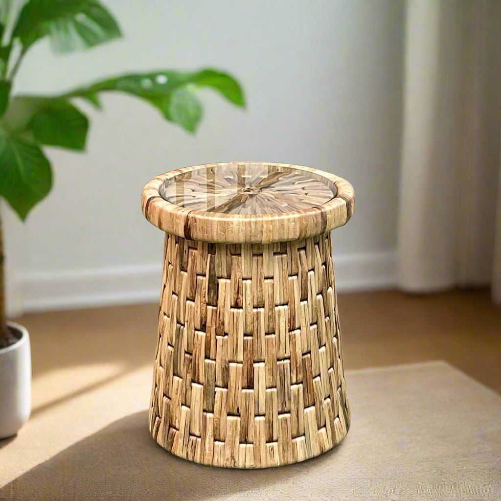 Padmas Drum End Table With Glass DRM06﻿