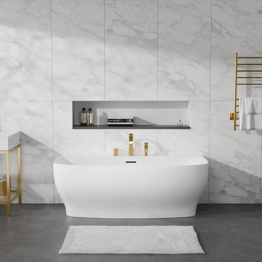 ANZZI Bank Series 65 in. x 31 in. Flat Bottom Acrylic Freestanding Soaking Bathtub with Center Drain and Faucet FT-AZ112