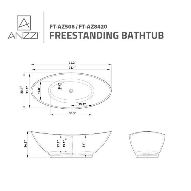 ANZZI Masoko 6.2 ft. Solid Surface Center Drain Freestanding Bathtub FT-AZ8420