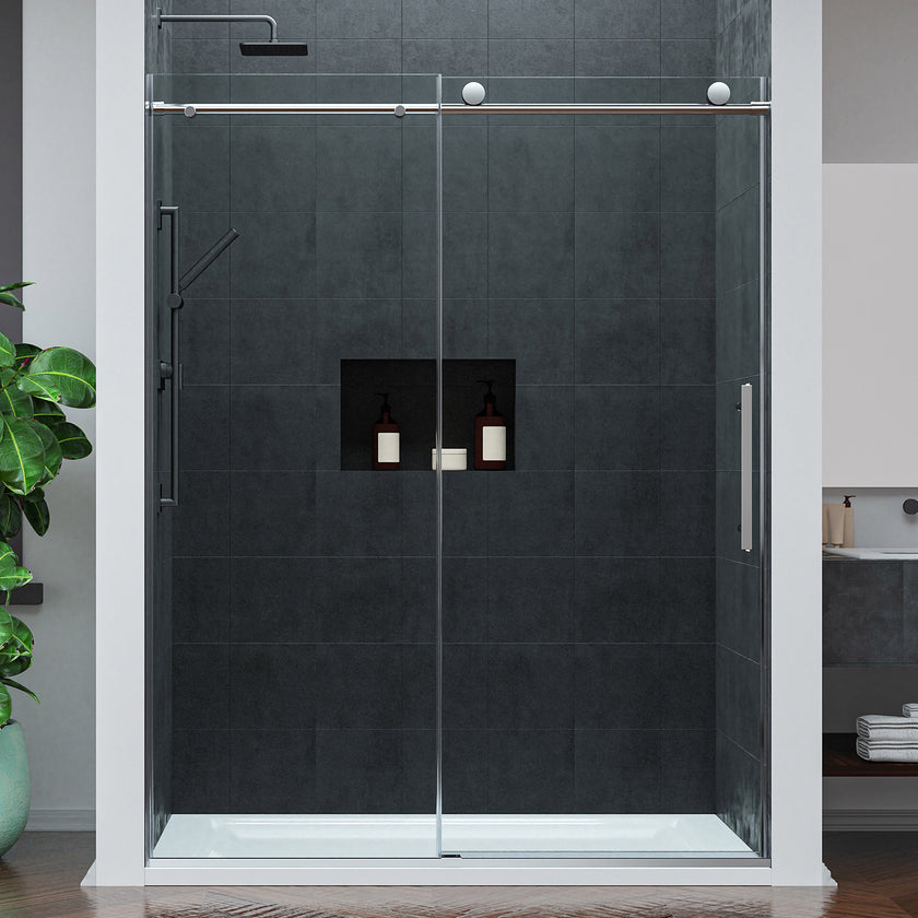 ANZZI Mountain 60 in Reversible Frameless Sliding Deco-Glass Shower Door with Soft-Close System SD-AZ20-02BG