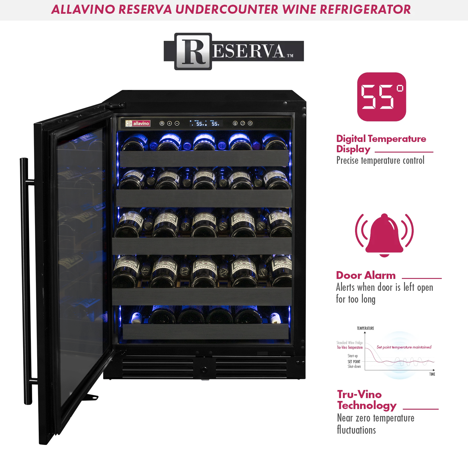 Allavino Reserva Series 50 Bottle 34" Tall Single Zone Left Hinge Black Stainless Steel Wine Cooler Refrigerator BF BDW5034S-1BSL