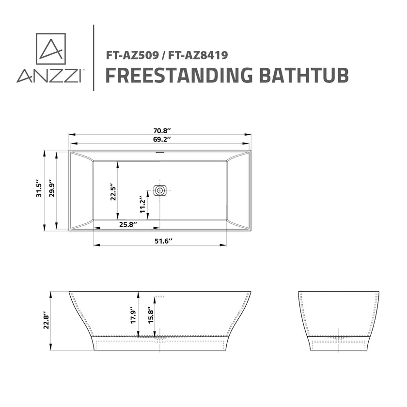 ANZZI Crema Series 71 in. x 32 in. Flat Bottom Solid Surface Freestanding Soaking Bathtub FT-AZ509