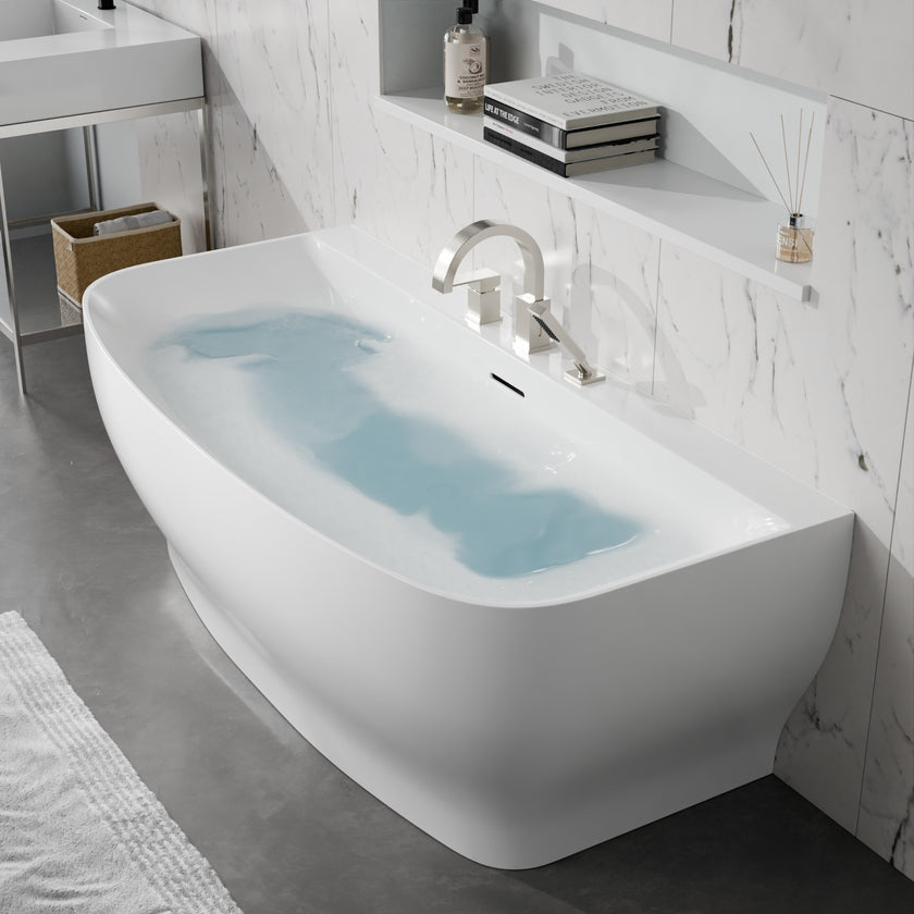 ANZZI Bank Series 65 in. x 31 in. Flat Bottom Acrylic Freestanding Soaking Bathtub with Center Drain and Faucet FT-AZ112