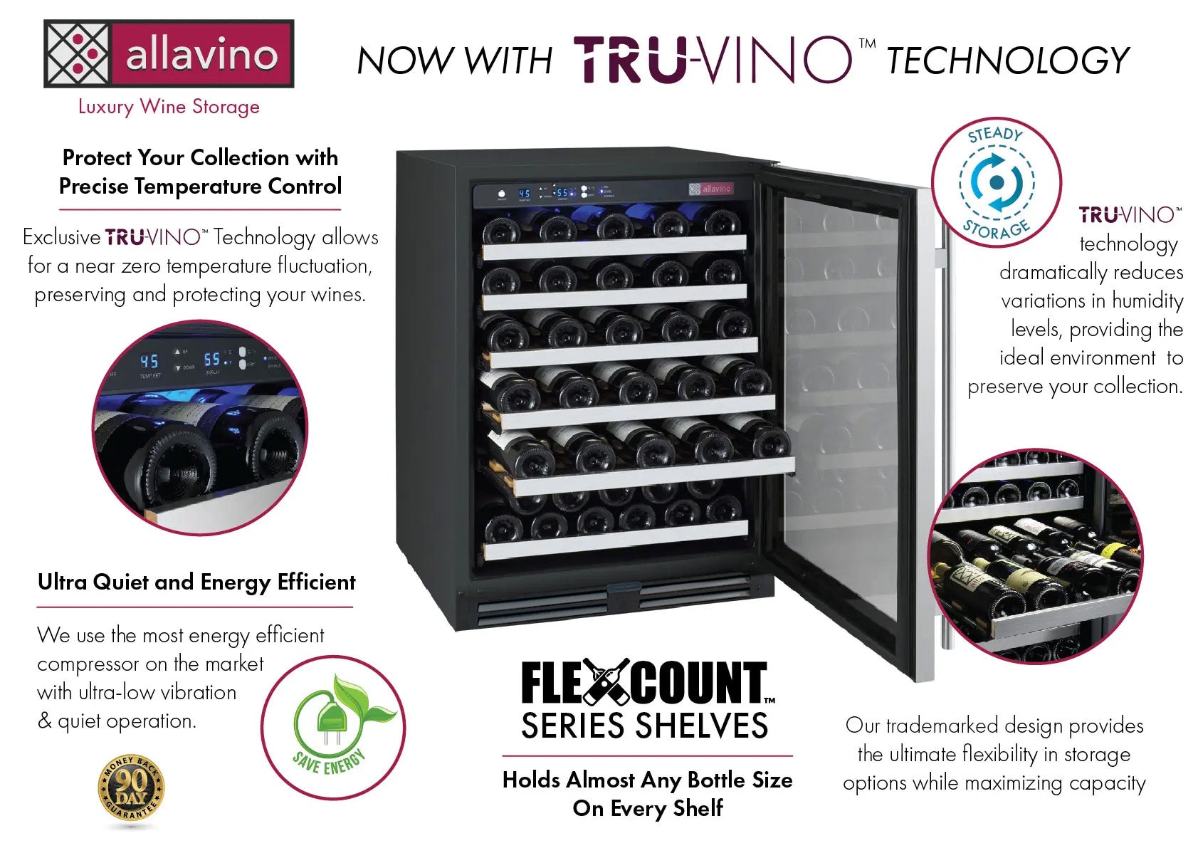 Allavino FlexCount Series 56 Bottle Single Zone Undercounter Wine Refrigerator with Stainless Steel Door - Right Hinge AO VSWR56-1SR20