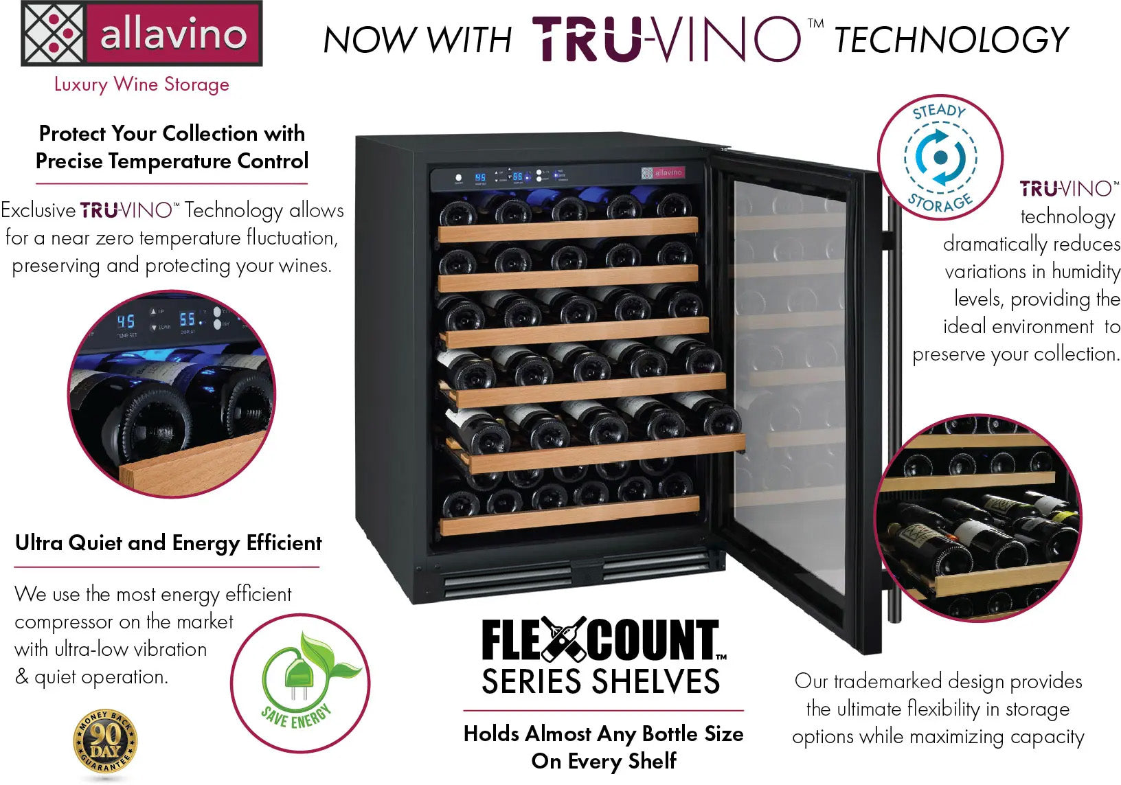 Allavino FlexCount Series 56 Bottle Single Zone Built-In Wine Refrigerator with Black Door - Right Hinge AO VSWR56-1BR20