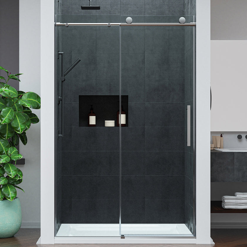 ANZZI Mountain 48 in Reversible Frameless Sliding Glass Shower Door SD-AZ20-01BG