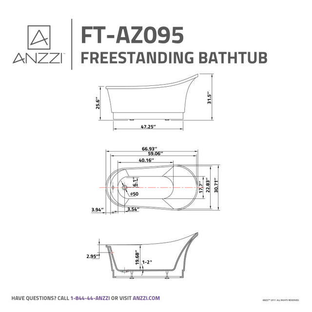 ANZZI 67 in. Acrylic Flatbottom Non-Whirlpool Bathtub  FT-AZ095-R