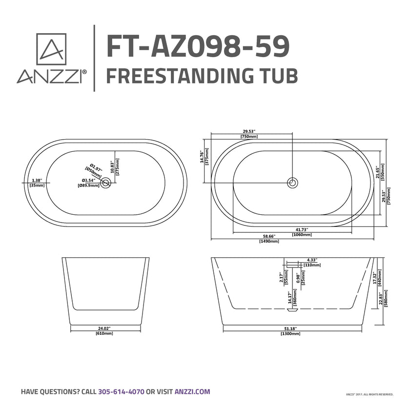 ANZZI Chand Series 55" - 67" Flat Bottom Freestanding Soaker Tub FT-AZ098-55