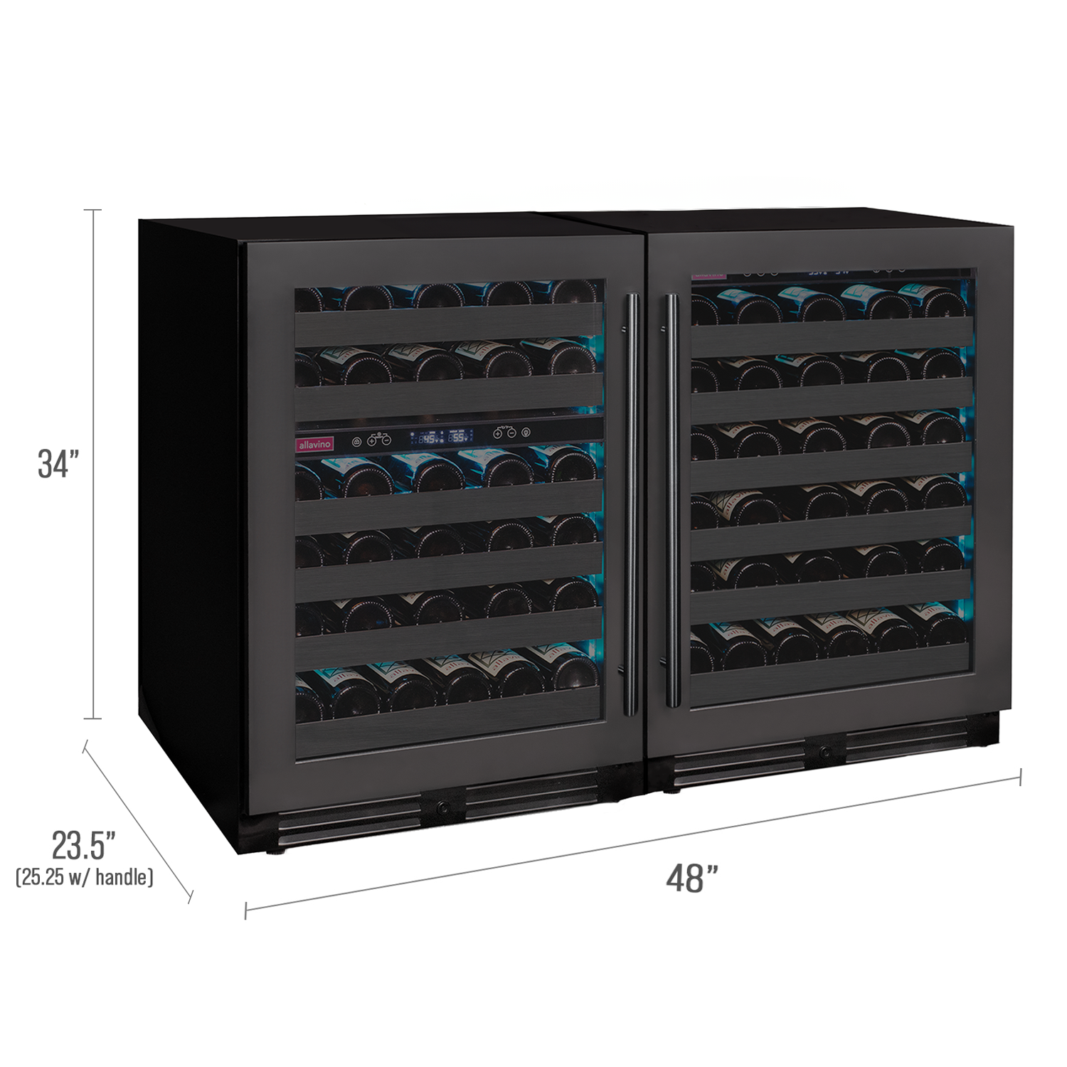 Allavino Reserva Series 100 Bottle 34" Tall Three Zone Black Stainless Steel Side-by-Side Wine Cooler Refrigerator BF 3Z-BDW5034-BS