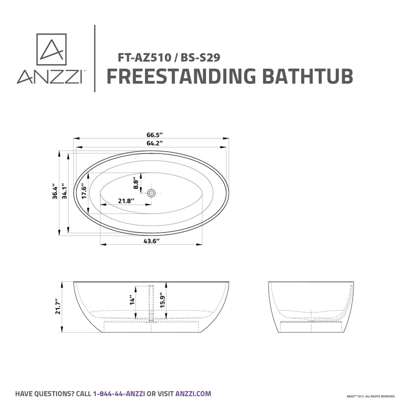 Anzzi Cestino Series 67 in. x 36 in. Flat Bottom Solid Surface Freestanding Soaking Bathtub FT-AZ510