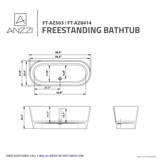 ANZZI Rossetto 5.6 ft. Solid Surface Center Drain Freestanding Bathtub FT-AZ503