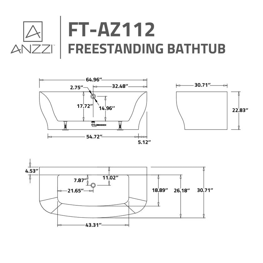 ANZZI Bank Series 65 in. x 31 in. Flat Bottom Acrylic Freestanding Soaking Bathtub with Center Drain and Faucet FT-AZ112