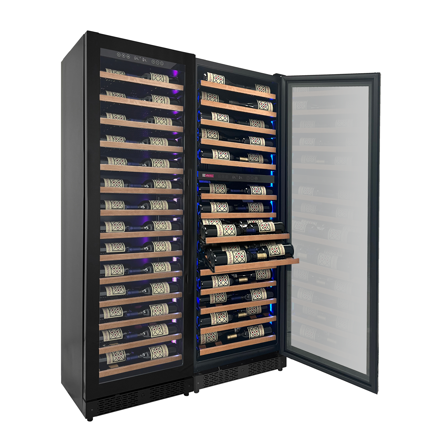 Allavino Reserva Series 134 Bottle 71" Tall Three Zone Black Side-by-Side Shallow Wine Refrigerator with Wood Front Shelves BF 3Z-VSW6771-W