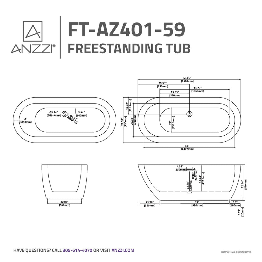 ANZZI Ami Series 30" W Freestanding Soaker Tub FT-AZ401-59