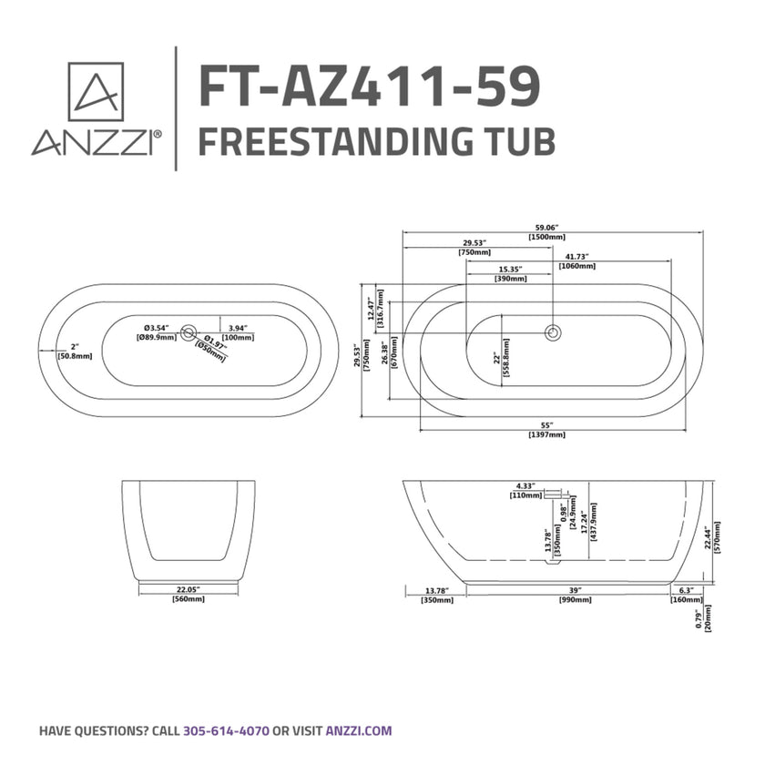Anzzi Britt Series 59 in. x 30 in. Flat Bottom Acrylic Freestanding Soaking Bathtub FT-AZ411-59