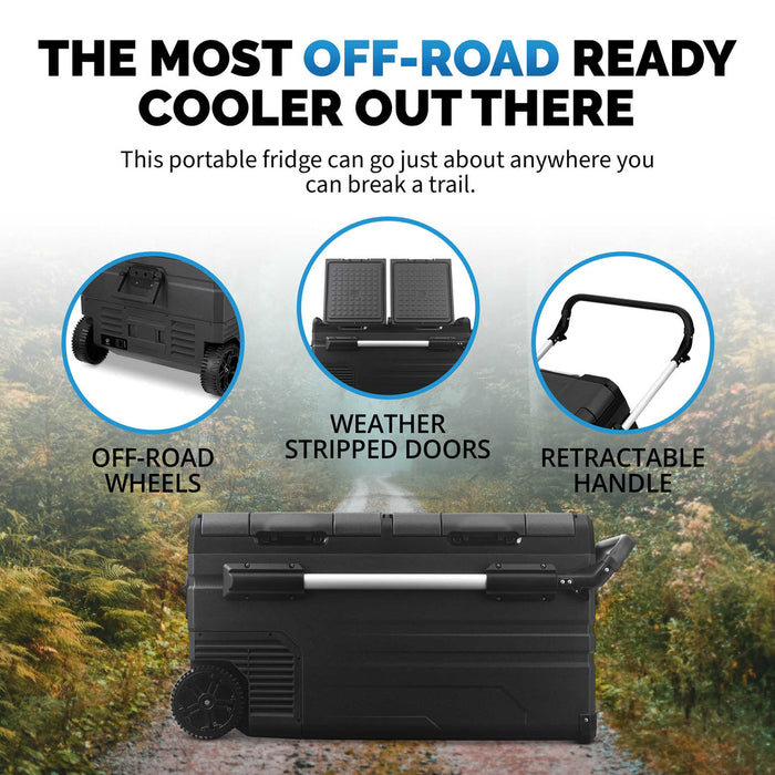 Newair 12V/24V DC Portable 80 Qt. Electric Car Camping Cooler with 3 Battery Protection Modes, Dual Zone Fridge and Freezer, Reversible Doors