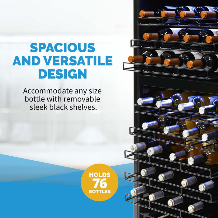 Newair Freestanding 98 Bottle Dual Zone Wine Fridge with Low-Vibration Ultra-Quiet Inverter Compressor and Adjustable Racks