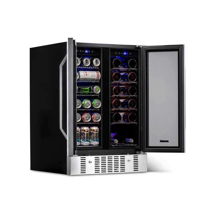 Newair 24” Built-in Dual Zone 18 Bottle and 58 Can Wine and Beverage Fridge in Stainless Steel with Chrome Shelves