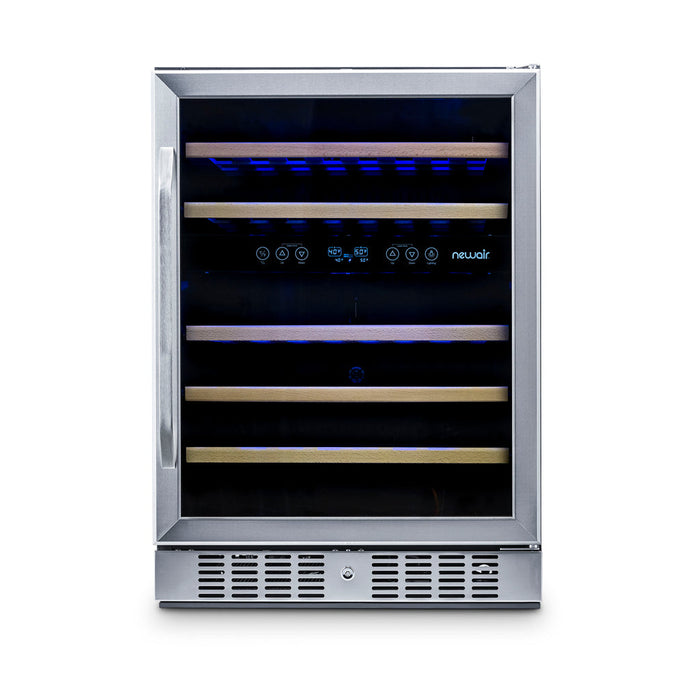 Newair 24” Built-in 46 Bottle Dual Zone Wine Fridge in Stainless Steel, Quiet Operation with Beech Wood Shelves