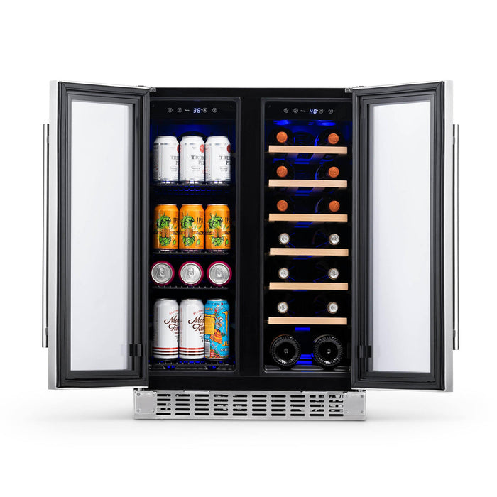 Newair 24” Premium Built-in Dual Zone 20 Bottle and 60 Can French Door Wine and Beverage Fridge in Stainless Steel with SplitShelf™ and Beech Wood Shelves
