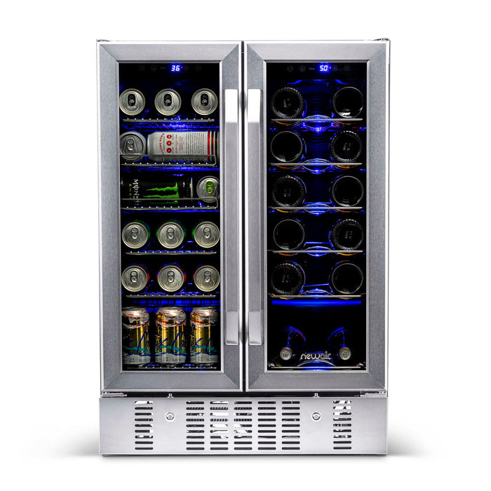 Newair 24” Built-in Dual Zone 18 Bottle and 58 Can Wine and Beverage Fridge in Stainless Steel with Chrome Shelves