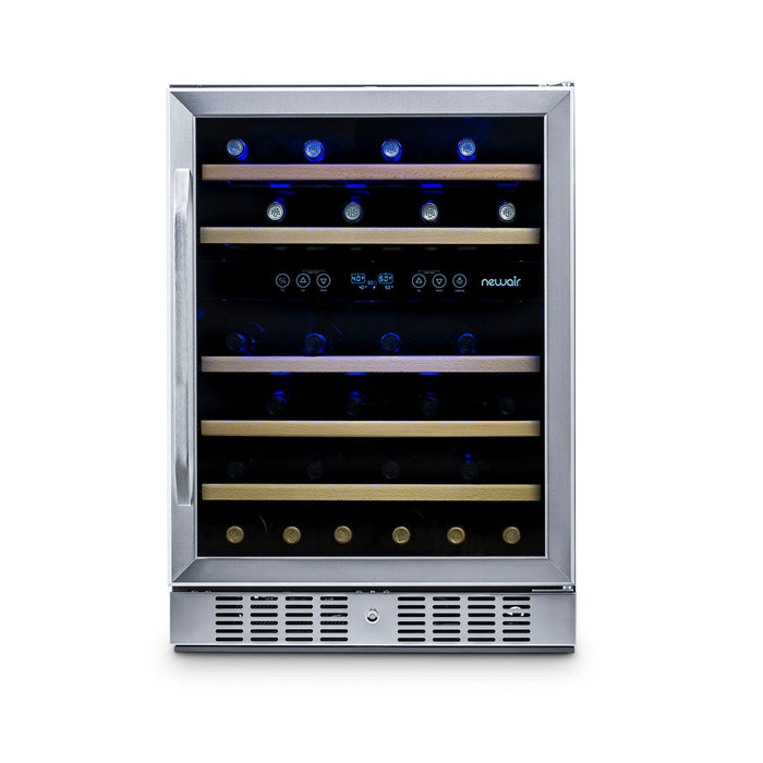 Newair 24” Built-in 46 Bottle Dual Zone Wine Fridge in Stainless Steel, Quiet Operation with Beech Wood Shelves