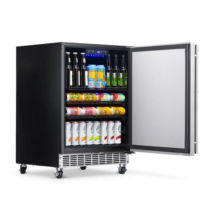 Newair 24” Built-in 160 Can Outdoor Beverage Fridge in Weatherproof Stainless Steel with Auto-Closing Door and Easy Glide Casters